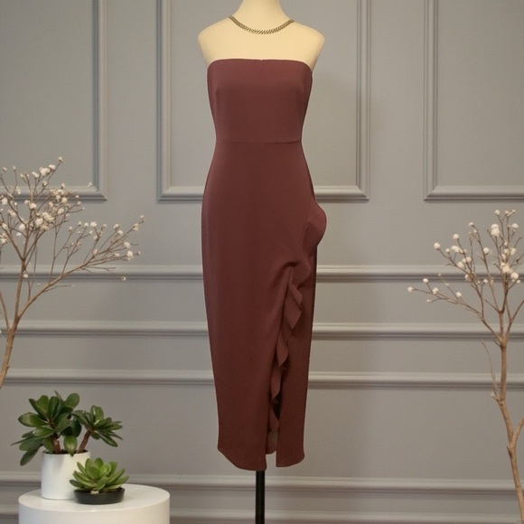 Ricki's Dresses & Skirts - RICKI’S NWT MAUVE STRAPLESS DRESS WITH A CASCADING RUFFLE SLIT/ Size 8